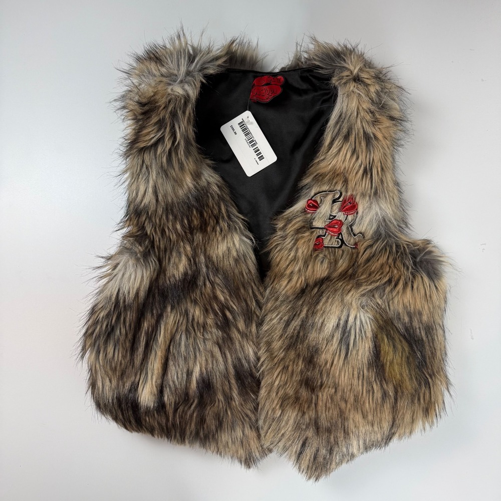 La Ropa Signature Vegan Fur Biker Vest Brown Multi Embroidered Lips Star Size M
